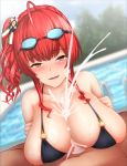  1boy 1girl ahoge azur_lane bangs bikini black_bikini blush breasts brown_eyes cleavage collarbone commentary_request cum ejaculation eyebrows_visible_through_hair goggles goggles_on_head highres huge_breasts long_hair looking_at_viewer open_mouth outdoors paizuri red_hair shikakui_kyomu side_ponytail smile solo_focus swimsuit wet zara_(azur_lane) zara_(poolside_coincidence)_(azur_lane) 