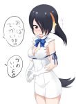  alternate_costume black_hair blue_neckwear blue_ribbon blush bow bowtie breasts brown_eyes cleavage collared_dress commentary_request cosplay cowboy_shot dress dungeon_ni_deai_wo_motomeru_no_wa_machigatteiru_darou_ka embarrassed emperor_penguin_(kemono_friends) eyebrows_visible_through_hair fingers_together gloves hair_over_one_eye headphones hestia_(danmachi) hestia_(danmachi)_(cosplay) ilyfon133 kemono_friends looking_down multicolored_hair nose_blush orange_hair penguin_tail ribbon short_hair sleeveless sleeveless_dress speech_bubble tail translation_request white_dress white_gloves white_hair 