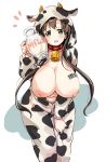  1girl animal_print bangs barcode black_hair blush breasts breasts_outside cow_print hood hoodie huge_breasts iwato_kasumi looking_at_viewer milk momoiro_tunozemi nipples open_mouth saki smile solo 