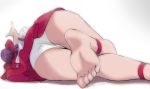  1girl barefoot dress from_behind gegege_no_kitarou haruyama_kazunori lying nekomusume nekomusume_(gegege_no_kitarou_6) panties purple_hair red_dress shirt short_hair solo underwear white_panties white_shirt 