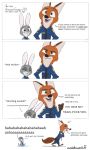  aureldrawsstuff canid canine clothing comic disney english_text female fox hi_res judy_hopps lagomorph laugh leporid male mammal nick_wilde public_service_announcement rabbit text uniform zootopia 