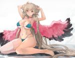  1girl ahoge alternate_costume aqua_bikini armpits arms_up azur_lane bangs barefoot bikini bk201 black_nails blush breasts cleavage double_bun earrings feathered_wings formidable_(azur_lane) formidable_(the_lady_of_the_beach)_(azur_lane) full_body highres jewelry large_breasts long_hair looking_at_viewer multi-strapped_bikini navel outdoors red_eyes ribbon rock sidelocks single_thighhigh sitting skindentation smile solo stomach swimsuit thighhighs thighs toenail_polish very_long_hair wariza white_legwear wings 