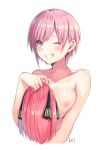  1girl ;d absurdres artist_name bangs breasts collarbone commentary_request cropped_torso da-cart eyebrows_visible_through_hair go-toubun_no_hanayome grin highres holding medium_breasts nakano_ichika nipples nude one_eye_closed open_mouth pink_hair short_hair simple_background smile solo teeth upper_body white_background wig wig_removed 