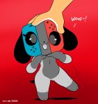  2019 ambiguous_gender animate_inanimate anthro black_eyes canid canine canis dialogue domestic_dog duo english_text female female/ambiguous flat_chested floppy_ears grey_body hi_res joaoppereiraus long_ears looking_at_viewer mammal nintendo nintendo_switch nude petting red_background short_stack simple_background size_difference smile solo_focus standing switch_dog text thick_thighs tongue tongue_out video_games wide_hips 