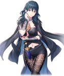  1girl arm_guards black_cape black_jacket black_legwear black_shorts blue_eyes blue_hair blush breasts brown_legwear byleth_(fire_emblem) byleth_(fire_emblem)_(female) cape closed_eyes closed_mouth collar commentary_request cropped_legs crossed_legs dagger detached_collar fire_emblem fire_emblem:_three_houses green_hair hair_between_eyes hand_up highres jacket jacket_on_shoulders large_breasts long_hair looking_at_viewer navel navel_cutout pantyhose ririko_(zhuoyandesailaer) short_shorts shorts simple_background smile solo thighs weapon white_background white_collar 