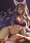  1girl animal_ears aqua_eyes bangs bare_shoulders blush bra breasts circlet cleavage closed_mouth dark_skin eyeliner fate/grand_order fate_(series) forehead_jewel highres large_breasts long_hair looking_at_viewer makeup mashuu_(neko_no_oyashiro) navel panties parted_bangs purple_bra purple_hair purple_panties queen_of_sheba_(fate/grand_order) smile tail thighhighs thighs underwear wolf_ears wolf_tail 