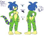  2019 3_toes anthro areola arm_marking big_feet blue_hair blue_nipples blue_pussy blue_tongue breasts butt butt_heart character_name chrome_(felino) clothing collar digital_media_(artwork) facial_markings fan_character felino female gecko green_skin hair head_markings hi_res information lizard long_tail markings model_sheet nipples non-mammal_breasts nude open_mouth ponytail purple_markings pussy reptile scalie simple_background solo species_name standing tail_markings toes tongue tongue_out yellow_eyes 