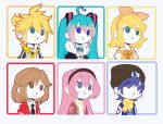  2boys 4girls aqua_eyes aqua_hair bangs beanie black_neckwear blonde_hair blue_eyes blue_hair bow bowtie brown_hair cardigan_vest commentary english_commentary everyone fur-trimmed_jacket fur_trim gyari_(imagesdawn)_(style) hair_bow hair_ornament hairclip hat hatsune_miku headband highres jacket kagamine_len kagamine_rin kaito long_hair megurine_luka meiko multiple_boys multiple_girls nandemo_iu_koto_wo_kiite_kureru_akane-chan_(voiceroid) necktie number open_mouth orange_bow parody pink_hair scarf shirt short_hair short_ponytail spaghetti_strap spiked_hair spring_onion spring_onion_necklace star star_hair_ornament starcircuits straight_hair style_parody swept_bangs t-shirt turtleneck twintails very_long_hair vocaloid yellow_scarf 