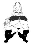  2018 absurd_res anthro belly big_belly big_breasts black_and_white breasts cleavage clothed clothing deep_navel felid feline female fingers front_view fur hand_on_hip hi_res huge_breasts legwear lynx mammal monochrome navel obese obese_female overweight overweight_female short_stack simple_background skimpy solo sssonic2 standing thick_thighs thigh_highs tight_clothing under_boob voluptuous white_background wide_hips zeha 