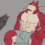  1:1 abs absurd_res anthro black_nose bottomwear bulge canid canine clothing digital_media_(artwork) duo eyes_closed fur grey_background hi_res male mammal multicolored_fur muscular muscular_male pants pecs radcanine red_ears red_fur simple_background solo_focus thinking tired two_tone_fur white_fur 