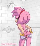  accessory amy_rose anthro bedroom_eyes blush bracelet breasts clothing eulipotyphlan eyelashes female gloves hair_accessory hairband half-closed_eyes handwear hedgehog hi_res jewelry looking_at_viewer looking_back mammal nude presenting pussy rear_view seductive shower side_boob smile solo sonic_(series) spread_pussy spreading starshippizza wet 