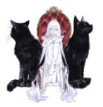  1girl absurdly_long_hair animal bangs black_cat cat chair crossed_arms crown frills highres knees_up long_hair long_sleeves looking_at_viewer original oversized_animal shirone_(coxo_ii) simple_background sitting solo very_long_hair white_background white_hair yellow_eyes 