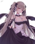  1girl azur_lane bangs bare_shoulders between_breasts black_dress blush breasts cleavage collarbone dress eyebrows_visible_through_hair formidable_(azur_lane) frilled_dress frills grey_hair hands_on_own_breasts highres holding_dress holding_skirt large_breasts long_hair looking_at_viewer open_mouth simple_background skirt_hold solo two-tone_dress two-tone_ribbon white_background 