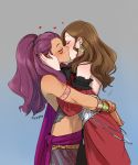  2girls arm_tattoo arms_around_waist blush braid closed_eyes dark_skin dorothea_arnault dress earrings facial_tattoo fire_emblem fire_emblem:_three_houses grey_background hands_on_another&#039;s_face heart hug jewelry kiss midriff multiple_girls navel petra_mcnairy purple_hair tattoo ticcy wavy_hair yuri 