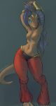  2019 alternate_species anthro biped blue_eyes blue_horn bottomwear breasts brown_scales brown_tail clothed clothing digital_media_(artwork) eyelashes featureless_breasts female frill_(anatomy) full-length_portrait grey_background hi_res horn kobold long_tail looking_at_viewer napalm_express navel pants portrait pose reptile scales scalie shantae shantae_(series) signature simple_background small_breasts smile solo standing thick_tail topless video_games wayforward wide_hips wristband 