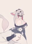  2019 anthro bare_shoulders bdsm bit_gag blush bottomless breasts clothed clothing digital_media_(artwork) disembodied_hand dragon duo electrycpynk female fur furred_dragon gag gagged grey_eyes hair hi_res horn inner_ear_fluff japanese_clothing kimono kneeling looking_at_viewer looking_back neck_tuft nipple_outline reins signature simple_background tail_tuft tattoo tuft white_fur white_hair 