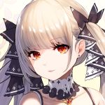  1girl akanagi_youto azur_lane bangs bare_shoulders black_ribbon blonde_hair blush breasts bridal_gauntlets close-up collarbone commentary_request earrings eyebrows_visible_through_hair formidable_(azur_lane) frills hair_ornament hair_ribbon jewelry large_breasts long_hair looking_at_viewer parted_lips red_eyes ribbon sidelocks smile solo stud_earrings twintails very_long_hair 