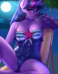  2019 5_fingers anthro anthrofied blush clothing digital_media_(artwork) equid eyelashes female fingers friendship_is_magic full_moon hi_res horn looking_at_viewer mammal moon my_little_pony night one-piece_swimsuit outside purple_eyes sitting solo spread_legs spreading swimwear twilight_sparkle_(mlp) twistedscarlett60 wet winged_unicorn wings 