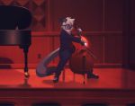  2019 anthro blue_eyes clothed clothing detailed_background digital_media_(artwork) dipstick_tail eyewear felid feline fingers fur glasses grey_fur hi_res mammal multicolored_tail musical_instrument phation piano siting sitting solo violin 