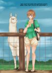  2019 absurd_res aika_(tomlloyd) ambiguous_gender blonde_hair blue_eyes bodily_fluids bottomwear breasts brown_eyes camelid clothing detailed_background dialogue duo female fence feral grass hair handbag hi_res human llama mammal outside phone shirt shorts standing sweat sweatdrop topwear witchfiend 