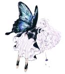  1girl antennae bangs black_dress blue_flower bracelet bug butterfly dress floating_hair flower full_body halo highres insect jewelry long_hair original oversized_insect parted_lips shirone_(coxo_ii) shoes simple_background solo very_long_hair white_background white_eyes white_hair 