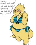  alphys anthro belly bikini blue_eyes blush bodily_fluids breasts buckteeth chubby_female cleavage clothed clothing comic dialogue embarrassed eyelashes eyewear female front_view full-length_portrait glasses kkhoppang lizard navel nervous non-mammal_breasts open_mouth pigeon_toed portrait reptile scales scalie simple_background slightly_chubby solo speech_bubble standing sweat sweatdrop swimwear teeth text thick_tail thick_thighs undertale video_games white_background yellow_scales 