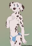  2019 absurd_res anthro blue_eyes brown_fur bulge canid canine canis clothed clothing dalmatian domestic_dog fur hi_res male mammal navel shiuk solo standing topless underwear white_fur 