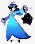  beautiful black_hair blue_dress blue_eyes brooch crown denaseey dress duo female hair hair_over_one_eye heels holding holding_object human looking_at_viewer luma mario_(series) nintendo princess_rosalina star super_mario_bros. super_mario_galaxy video_games wand 