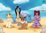  2018 absurd_res aika_(tomlloyd) alternate_species anthro beach black_hair blonde_hair breasts brown_hair calista_(tomlloyd) day detailed_background eevee felid female goo_creature green_eyes grimer group hair hand_on_breast hi_res kneeling lapras lenora_(tomlloyd) mammal marine meowth nintendo nipples nude open_mouth outside pok&eacute;mon pok&eacute;mon_(species) pussy red_hair seaside slightly_chubby smile tailwag val_(tomlloyd) video_games witchfiend 