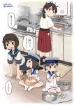  4girls bangs black_legwear blush bowl brown_hair daitou_(kantai_collection) dated dress eyebrows_visible_through_hair folded_ponytail food harukaze_unipo hat hiburi_(kantai_collection) hip_vent holding indoors japanese_clothes kantai_collection kasuga_maru_(kantai_collection) mashed_potatoes miyuki_(kantai_collection) multiple_girls open_mouth oven peeling pleated_skirt ponytail potato sailor_collar sailor_dress school_uniform serafuku short_hair short_sleeves sink sitting skirt smile socks standing stove translation_request twitter_username vegetable white_headwear white_legwear 