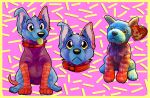  ambiguous_gender beanie_babies blue_fur canid canine canis collar domestic_dog frown fur hodge_podge inner_ear_fluff mammal multicolored_fur purple_fur real red_fur sleepychi smile tag tongue tongue_out yellow_eyes yellow_tongue 