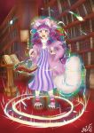  2016 absurd_res animal_humanoid book bookshelf breasts cat_humanoid clothing cute_fangs detailed_background felid felid_humanoid feline feline_humanoid female hair hat headgear headwear hi_res humanoid long_hair magic magic_circle mammal mammal_humanoid open_mouth patchouli_knowledge purple_eyes purple_hair ribbons solo standing surprise touhou transformation video_games whiskers witchfiend 