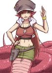  1girl bangs breasts cabbie_hat cleavage commentary cosplay crop_top english_commentary fang fanny_pack finalcake hair_between_eyes hand_on_hip hat hood hoodie jewelry lamia midriff miia_(monster_musume) miniskirt misaki_shiki misaki_shiki_(cosplay) monster_girl navel necklace open_mouth pointy_ears red_eyes red_hair salute scales simple_background sketch skirt sleeveless sleeveless_hoodie solo subarashiki_kono_sekai tail white_background 