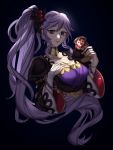  1girl absurdres black_ribbon breasts bridal_gauntlets choker commentary cup ebinku english_commentary fire_emblem fire_emblem:_genealogy_of_the_holy_war fire_emblem_heroes hair_ribbon hand_on_own_chest highres holding holding_cup ishtar_(fire_emblem) large_breasts long_hair purple_eyes ribbon side_ponytail silver_hair solo upper_body very_long_hair wide_sleeves 