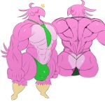  anthro avian bird blush bulge butt clothed clothing feathers fist front_view hi_res male muscular muscular_male necktie pink_feathers rear_view simple_background skimpy solo speedo sssonic2 swimwear topless white_background 