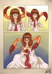  2016 absurd_res arachnid arthropod blush breasts brown_hair clothing comic exoskeleton eyewear female glasses hair hi_res human long_hair mammal minori multi_limb necktie nipples open_mouth pedipalps pseudoscorpion shirt shrinking solo species_transformation surprise topwear transformation what witchfiend 