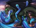  2019 4_toes 5_fingers anal anal_penetration black_scales blue_pawpads blue_scales claws digital_media_(artwork) dragon feral feral_on_feral fingers green_eyes horn lying male male/male membrane_(anatomy) membranous_wings on_back open_mouth padjetxharrington pawpads paws penetration scales scalie standing teeth toes tongue western_dragon wings 