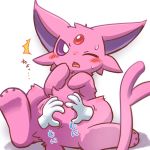  1:1 2017 ambiguous_gender belly belly_rubs blush bodily_fluids buro_(block) claws cute_fangs digital_media_(artwork) disembodied_hand duo eeveelution espeon feral forked_tail fur japanese_text looking_at_viewer lying mammal nintendo nude on_back one_eye_closed open_mouth pink_belly pink_fur pok&eacute;mon pok&eacute;mon_(species) purple_eyes shadow simple_background solo_focus sweat sweatdrop text translation_request video_games white_background 