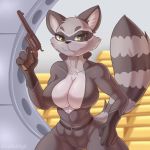  1:1 anthro breasts clothed clothing cooliehigh female gun hi_res mammal procyonid raccoon ranged_weapon weapon 