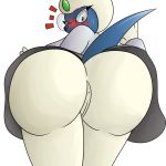  1:1 2019 absol anthro anus big_butt blue_nose blush bottomwear breasts butt close-up clothed clothing embarrassed eyewear female freckles fur glasses green_eyes grey_clothing hi_res huge_butt lima_the_absol looking_at_viewer looking_back neksu nintendo pok&eacute;mon pok&eacute;mon_(species) pussy raised_tail rear_view shocked simple_background skirt upskirt video_games white_fur 
