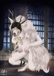  2017 absurd_res beast_(bloodborne) black_nose bloodborne breasts cleric_beast clothing crouching detailed_background digitigrade female fromsoftware fur hi_res horn inside lenora_(tomlloyd) mammal nipples post_transformation pussy snout solo sony_corporation sony_interactive_entertainment torn_clothing video_games white_fur witchfiend 