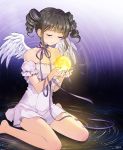  1girl angel_wings artist_name bare_legs bare_shoulders black_hair choker closed_eyes closed_mouth collarbone crying dodmsdk dress drill_hair drill_locks eyelashes feathered_wings fingernails full_moon full_moon_wo_sagashite glowing gradient gradient_background highres kouyama_mitsuki lavender_dress moon puffy_short_sleeves puffy_sleeves purple_background purple_dress purple_ribbon ribbon ribbon_choker short_sleeves sitting solo tears twin_drills wariza white_wings wings 