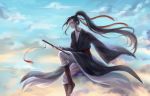  1boy absurdres artist_name black_hair blue_sky boots brown_footwear day dreamingpool floating flute hair_ribbon highres huge_filesize instrument levitation long_hair male_focus mo_dao_zu_shi outdoors red_eyes red_ribbon ribbon robe sidelocks sky solo wide_sleeves wuxian_wei 