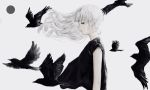  1girl bangs bird black_bird black_eyes circle expressionless from_side long_hair looking_at_viewer original profile shirone_(coxo_ii) simple_background sleeveless solo upper_body white_background white_hair wind 