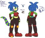  2019 anthro arm_marking blue_hair blue_tongue bottomwear breasts butt character_name chrome_(felino) clothing collar crop_top digital_media_(artwork) facial_markings fan_character felino female fingerless_gloves footwear gecko gloves green_skin hair handwear head_markings hi_res information knee_pads lizard long_tail markings model_sheet non-mammal_breasts open_mouth pants ponytail purple_markings red_clothing red_footwear red_shoes reptile scalie shirt shoes simple_background solo species_name standing tail_markings tongue tongue_out topwear wrist_warmers yellow_eyes 