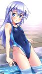  1girl adjusting_clothes adjusting_swimsuit afloat aqua_swimsuit artist_name blue_eyes blue_swimsuit blush breasts checkered checkered_floor collarbone competition_swimsuit covered_navel dated gochuumon_wa_usagi_desu_ka? highleg highleg_swimsuit highres kafuu_chino long_hair looking_back one-piece_swimsuit outdoors partially_submerged pool skindentation small_breasts solo swimsuit tsuchimiya water wet wet_clothes wet_swimsuit white_hair 