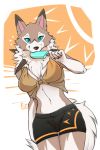 2017 anthro anthrofied canid canine clothed clothing eternity-zinogre female food fur hi_res looking_at_viewer lycanroc mammal midday_lycanroc midriff nintendo pok&eacute;mon pok&eacute;mon_(species) pok&eacute;morph popsicle solo video_games 