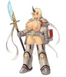  1girl absurdres armor bangs blonde_hair blush breasts cleavage commission cosplay dark_skin embarrassed eyebrows_visible_through_hair full_body glaive grey_knight grey_knight_(cosplay) highres holding holding_spear holding_weapon horn inverted_nipples large_breasts long_hair looking_down monster_girl monster_musume_no_iru_nichijou nipples ogre ornate pauldrons pointy_ears polearm pubic_hair red_eyes simple_background solo sookmo spear standing teeth thighs tionishia warhammer_40k weapon white_background 