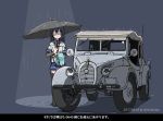  1girl bangs blush boots car convertible dated eyebrows_visible_through_hair glasses ground_vehicle holding holding_umbrella kantai_collection long_hair long_sleeves motor_vehicle ooyodo_(kantai_collection) rain sailor_collar school_uniform serafuku shadow shikishima_fugen simple_background skirt smile solo standing thigh_boots thighhighs translation_request twitter_username type_95_reconnaissance_car umbrella 