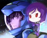  2boys :&lt; adumi_veleta blue_helmet bob_cut chibi commentary_request crossed_arms eyebrows glasses gundam gundam_00 gundam_00_a_wakening_of_the_trailblazer helmet hologram multiple_boys on_shoulder pilot_suit purple_hair red_eyes setsuna_f_seiei space sweatdrop tieria_erde tsurime 